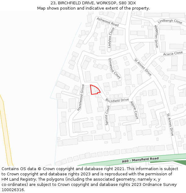 23, BIRCHFIELD DRIVE, WORKSOP, S80 3DX: Location map and indicative extent of plot