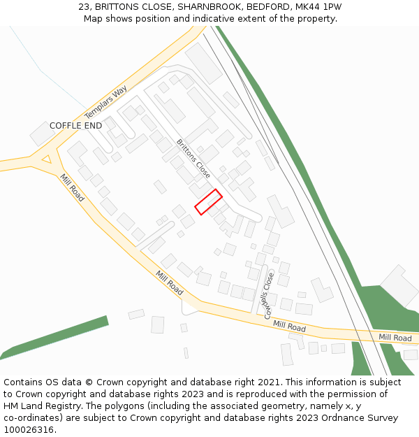 23, BRITTONS CLOSE, SHARNBROOK, BEDFORD, MK44 1PW: Location map and indicative extent of plot