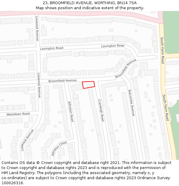 23, BROOMFIELD AVENUE, WORTHING, BN14 7SA: Location map and indicative extent of plot