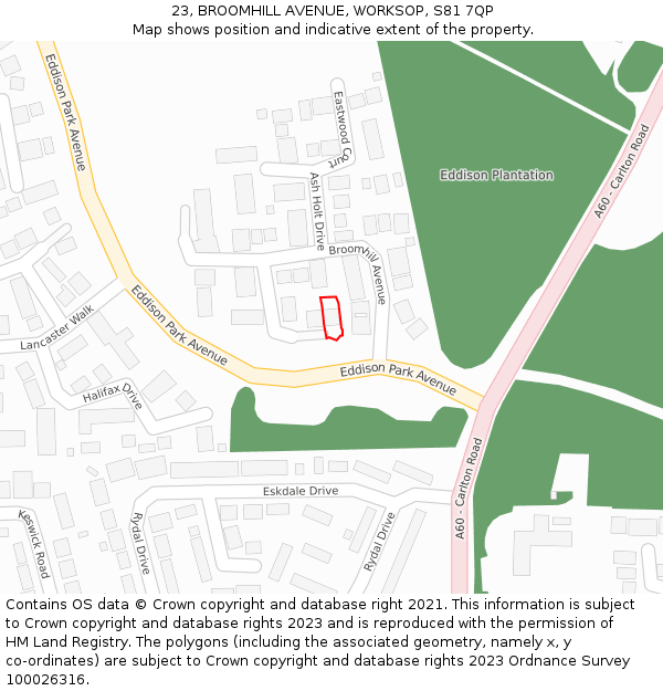 23, BROOMHILL AVENUE, WORKSOP, S81 7QP: Location map and indicative extent of plot