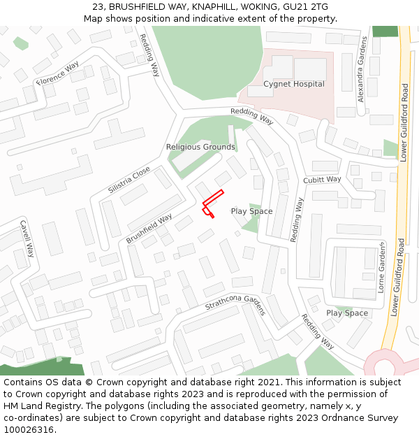 23, BRUSHFIELD WAY, KNAPHILL, WOKING, GU21 2TG: Location map and indicative extent of plot