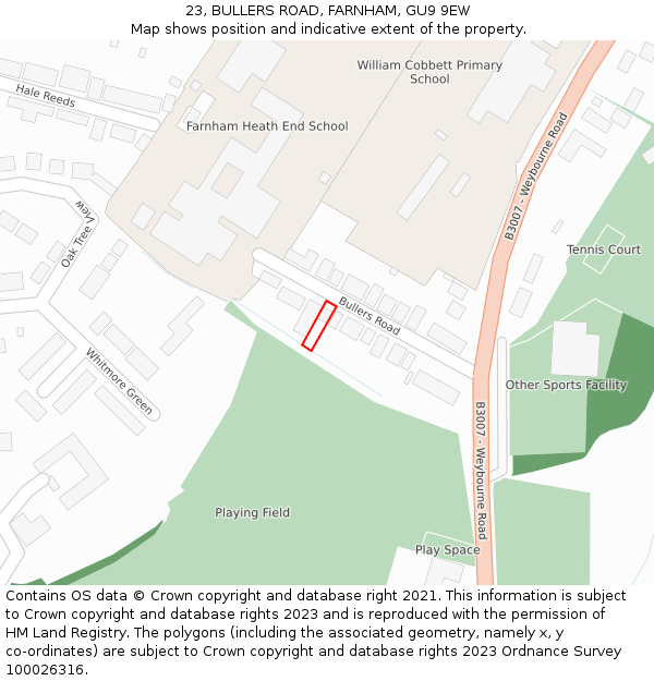 23, BULLERS ROAD, FARNHAM, GU9 9EW: Location map and indicative extent of plot