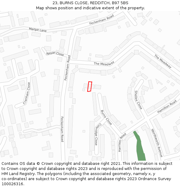 23, BURNS CLOSE, REDDITCH, B97 5BS: Location map and indicative extent of plot