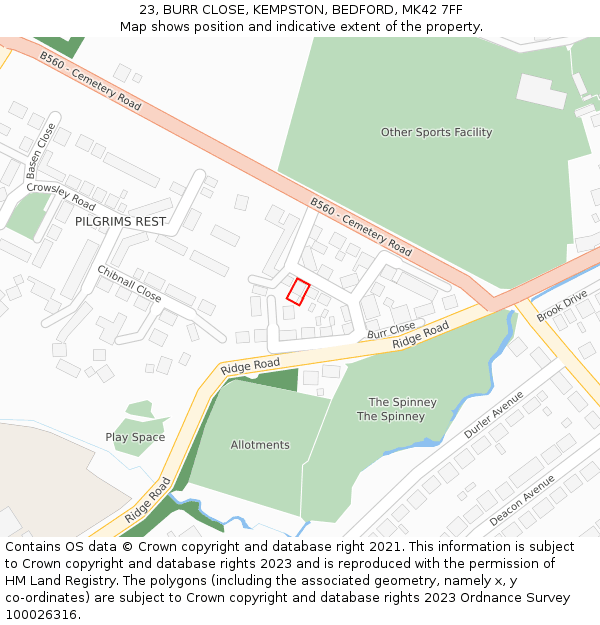 23, BURR CLOSE, KEMPSTON, BEDFORD, MK42 7FF: Location map and indicative extent of plot