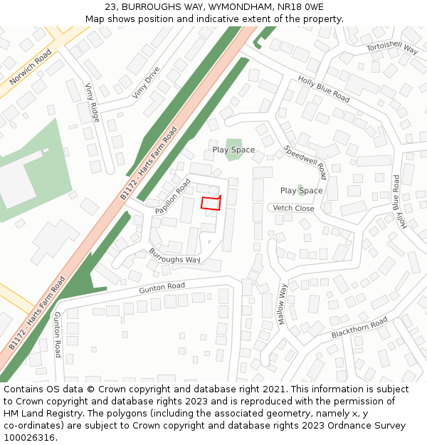 23, BURROUGHS WAY, WYMONDHAM, NR18 0WE: Location map and indicative extent of plot