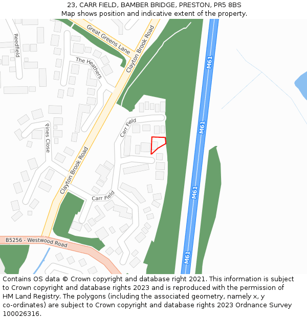 23, CARR FIELD, BAMBER BRIDGE, PRESTON, PR5 8BS: Location map and indicative extent of plot