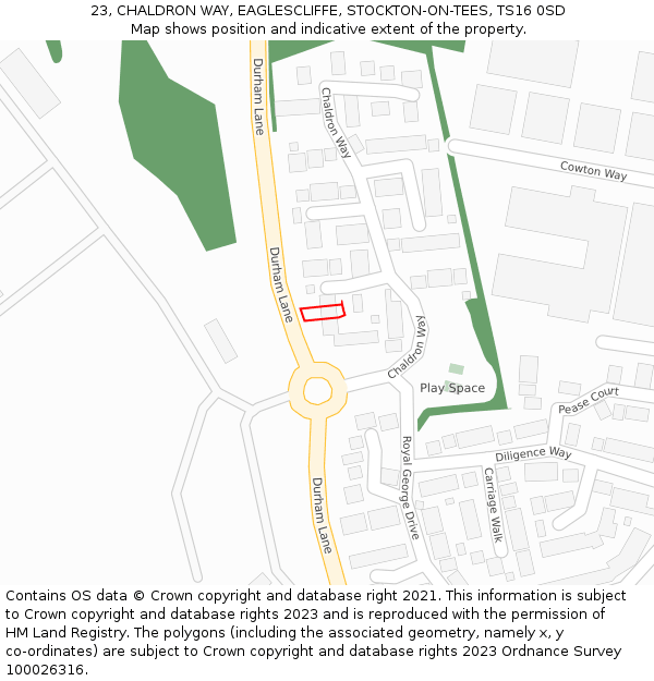 23, CHALDRON WAY, EAGLESCLIFFE, STOCKTON-ON-TEES, TS16 0SD: Location map and indicative extent of plot