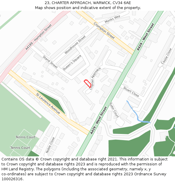 23, CHARTER APPROACH, WARWICK, CV34 6AE: Location map and indicative extent of plot