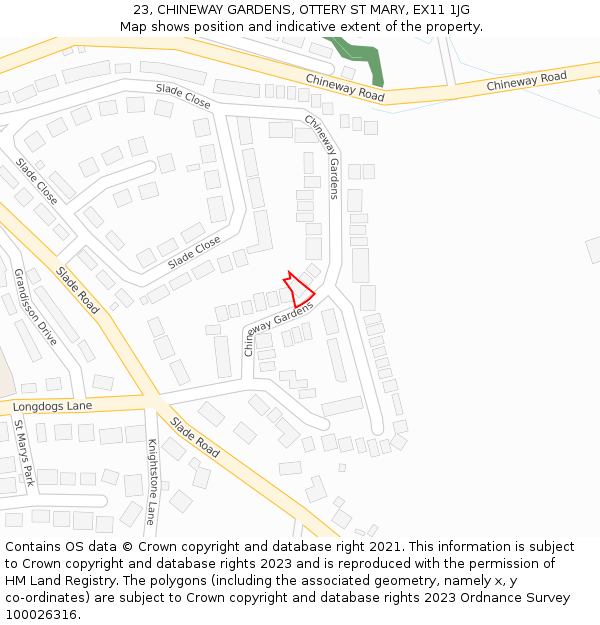 23, CHINEWAY GARDENS, OTTERY ST MARY, EX11 1JG: Location map and indicative extent of plot
