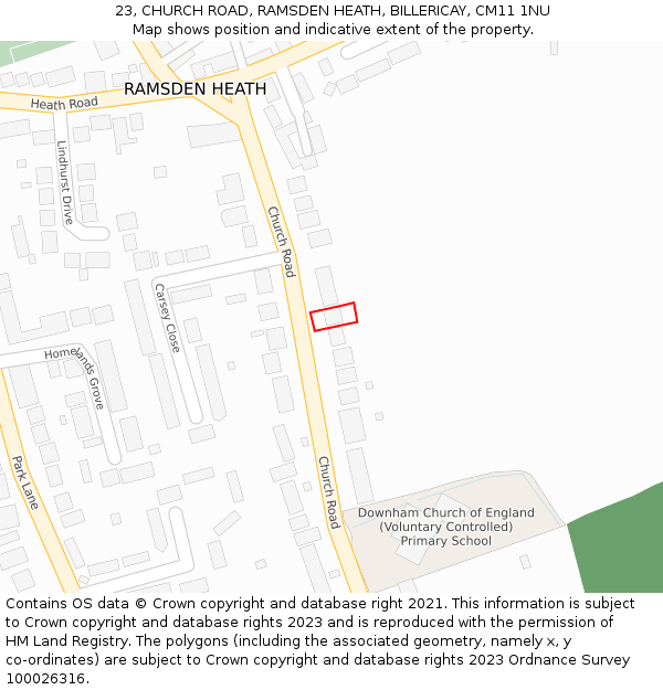 23, CHURCH ROAD, RAMSDEN HEATH, BILLERICAY, CM11 1NU: Location map and indicative extent of plot