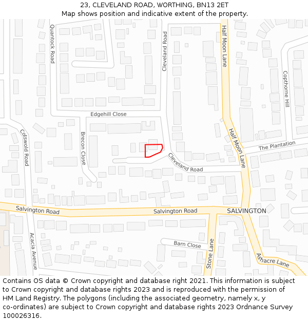 23, CLEVELAND ROAD, WORTHING, BN13 2ET: Location map and indicative extent of plot