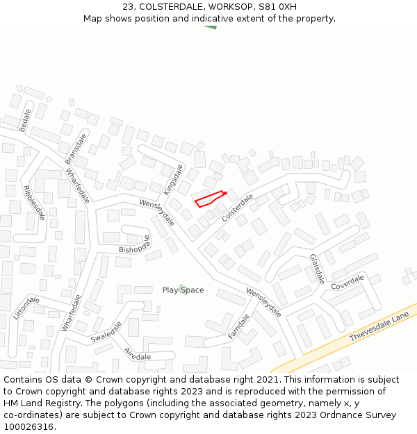 23, COLSTERDALE, WORKSOP, S81 0XH: Location map and indicative extent of plot