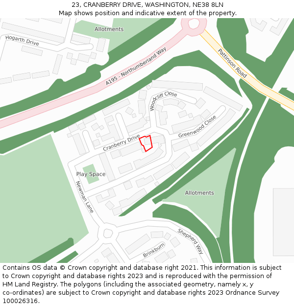 23, CRANBERRY DRIVE, WASHINGTON, NE38 8LN: Location map and indicative extent of plot