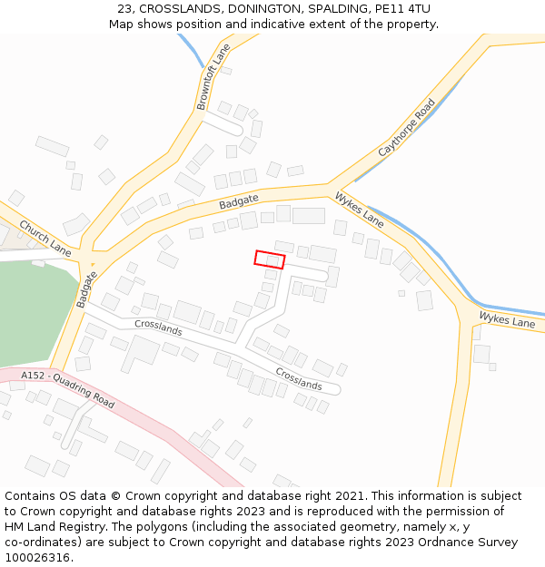 23, CROSSLANDS, DONINGTON, SPALDING, PE11 4TU: Location map and indicative extent of plot