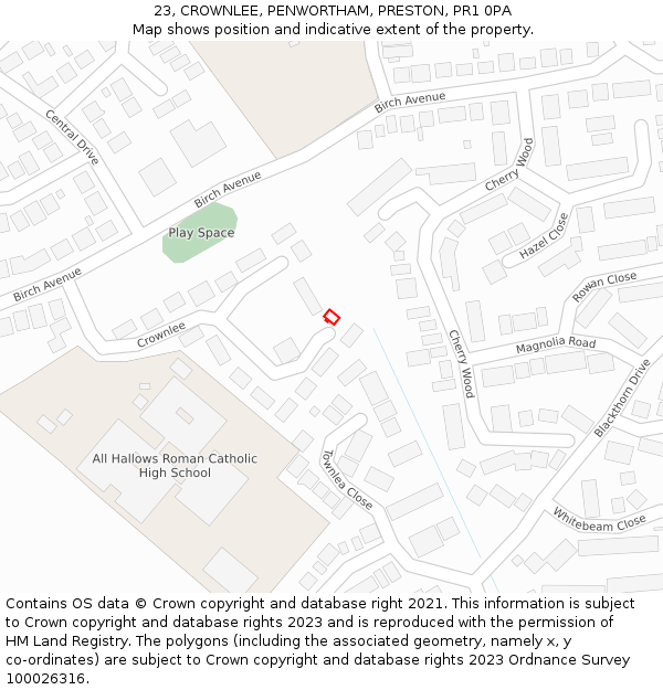 23, CROWNLEE, PENWORTHAM, PRESTON, PR1 0PA: Location map and indicative extent of plot