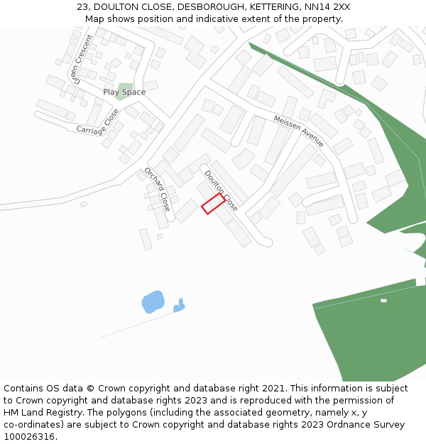 23, DOULTON CLOSE, DESBOROUGH, KETTERING, NN14 2XX: Location map and indicative extent of plot