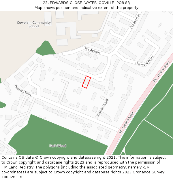 23, EDWARDS CLOSE, WATERLOOVILLE, PO8 8RJ: Location map and indicative extent of plot