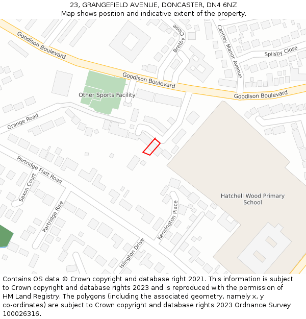 23, GRANGEFIELD AVENUE, DONCASTER, DN4 6NZ: Location map and indicative extent of plot