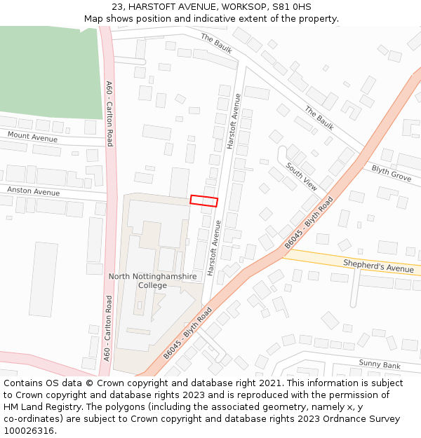 23, HARSTOFT AVENUE, WORKSOP, S81 0HS: Location map and indicative extent of plot