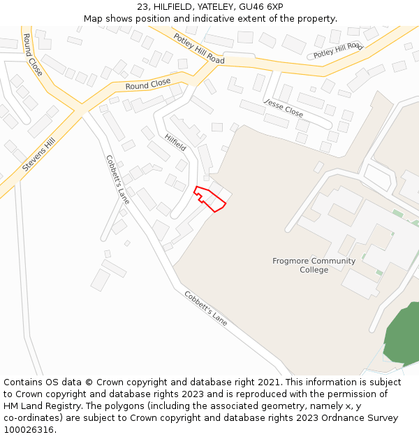 23, HILFIELD, YATELEY, GU46 6XP: Location map and indicative extent of plot