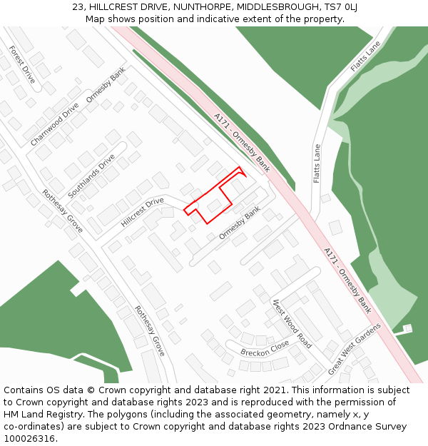 23, HILLCREST DRIVE, NUNTHORPE, MIDDLESBROUGH, TS7 0LJ: Location map and indicative extent of plot