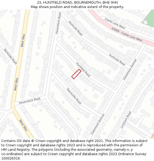 23, HUNTFIELD ROAD, BOURNEMOUTH, BH9 3HN: Location map and indicative extent of plot