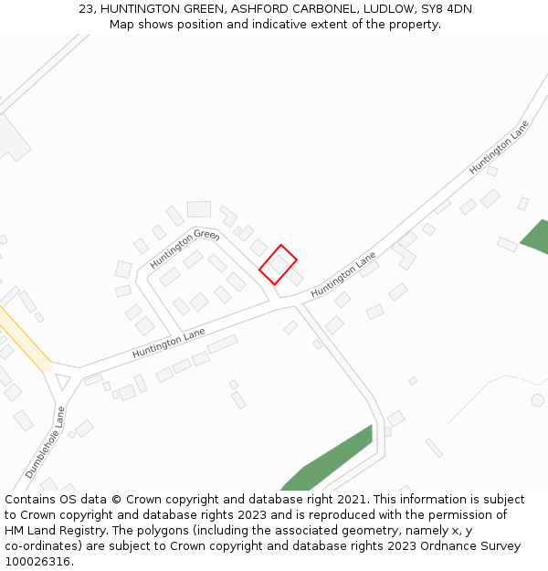 23, HUNTINGTON GREEN, ASHFORD CARBONEL, LUDLOW, SY8 4DN: Location map and indicative extent of plot