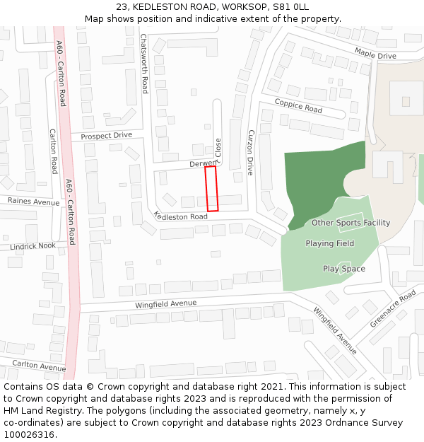 23, KEDLESTON ROAD, WORKSOP, S81 0LL: Location map and indicative extent of plot