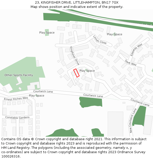23, KINGFISHER DRIVE, LITTLEHAMPTON, BN17 7GX: Location map and indicative extent of plot