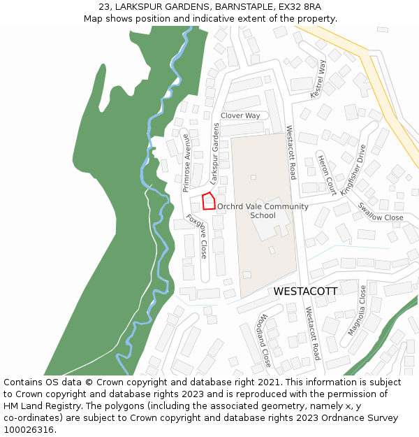 23, LARKSPUR GARDENS, BARNSTAPLE, EX32 8RA: Location map and indicative extent of plot