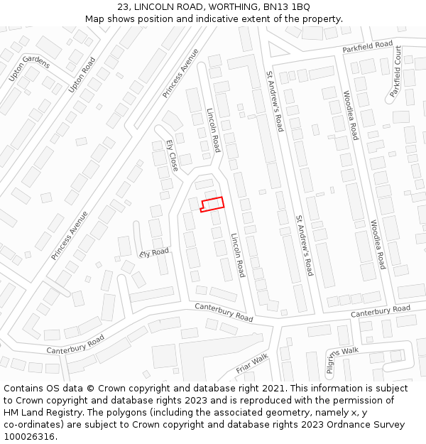 23, LINCOLN ROAD, WORTHING, BN13 1BQ: Location map and indicative extent of plot