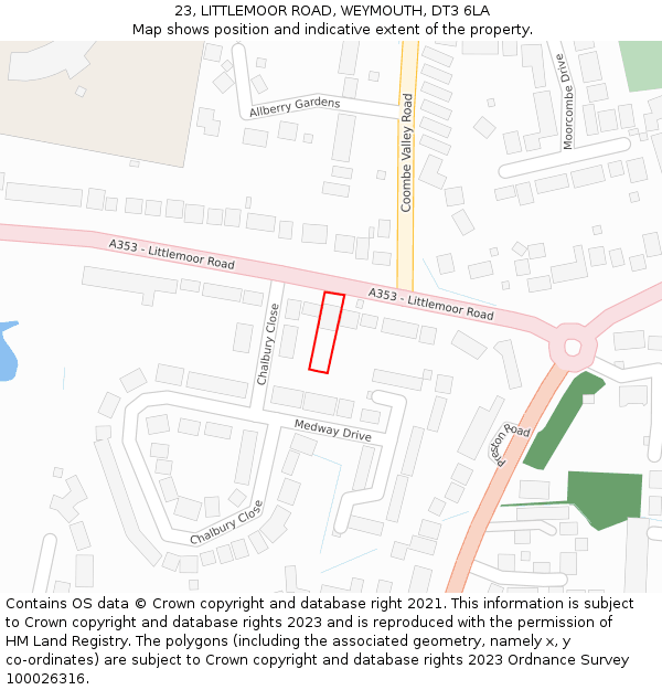 23, LITTLEMOOR ROAD, WEYMOUTH, DT3 6LA: Location map and indicative extent of plot