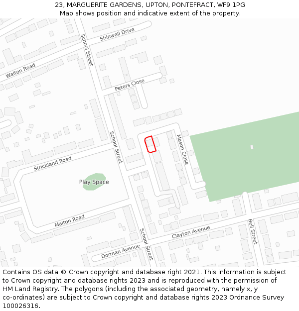 23, MARGUERITE GARDENS, UPTON, PONTEFRACT, WF9 1PG: Location map and indicative extent of plot