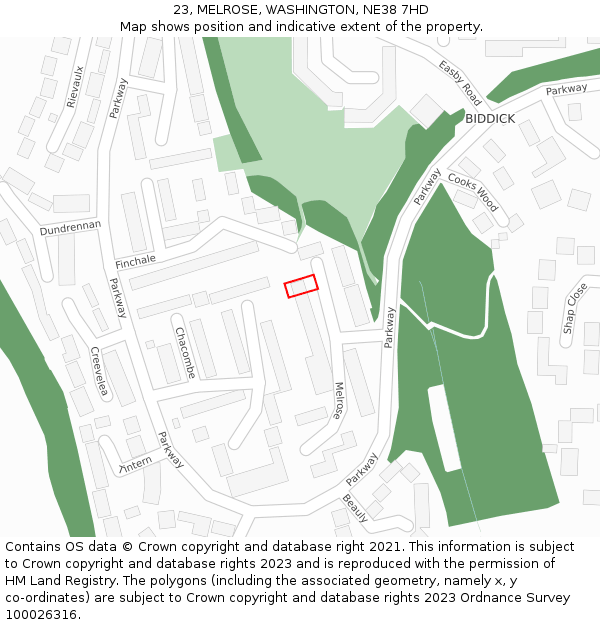 23, MELROSE, WASHINGTON, NE38 7HD: Location map and indicative extent of plot