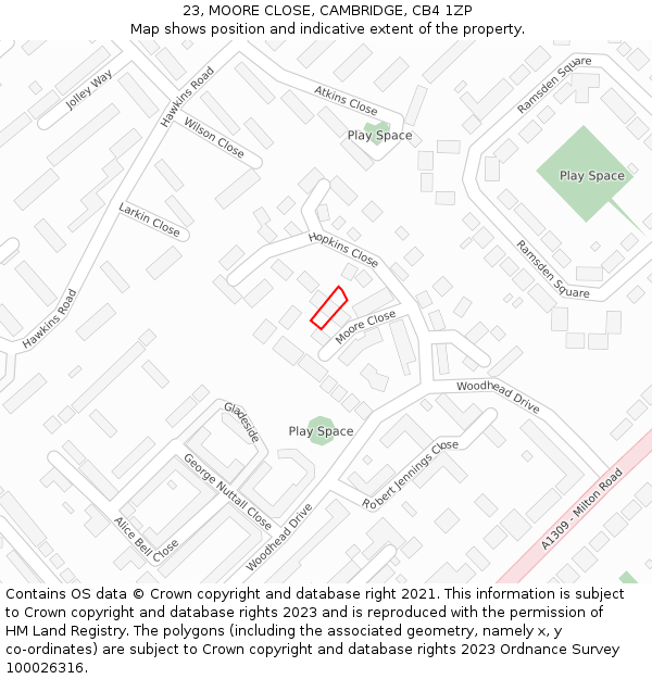 23, MOORE CLOSE, CAMBRIDGE, CB4 1ZP: Location map and indicative extent of plot