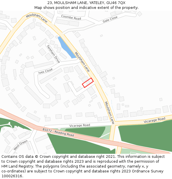 23, MOULSHAM LANE, YATELEY, GU46 7QX: Location map and indicative extent of plot