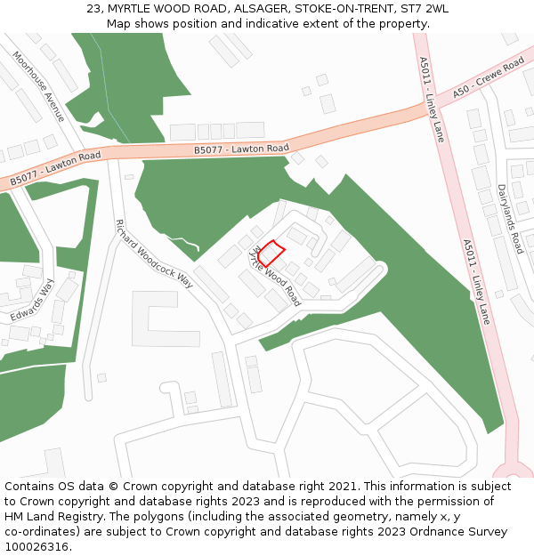 23, MYRTLE WOOD ROAD, ALSAGER, STOKE-ON-TRENT, ST7 2WL: Location map and indicative extent of plot