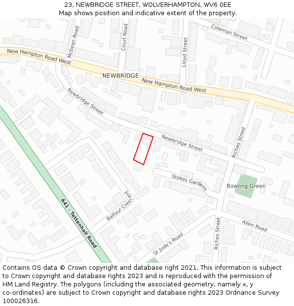 23, NEWBRIDGE STREET, WOLVERHAMPTON, WV6 0EE: Location map and indicative extent of plot
