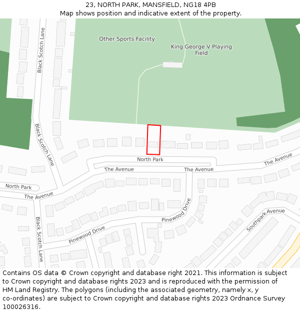 23, NORTH PARK, MANSFIELD, NG18 4PB: Location map and indicative extent of plot