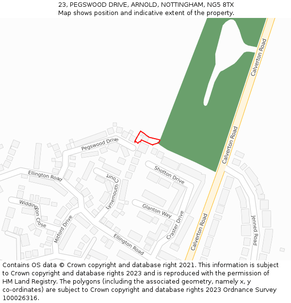 23, PEGSWOOD DRIVE, ARNOLD, NOTTINGHAM, NG5 8TX: Location map and indicative extent of plot