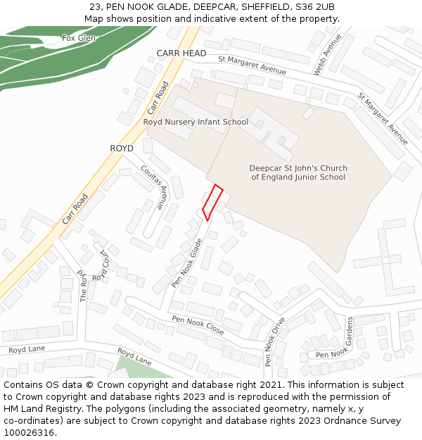 23, PEN NOOK GLADE, DEEPCAR, SHEFFIELD, S36 2UB: Location map and indicative extent of plot