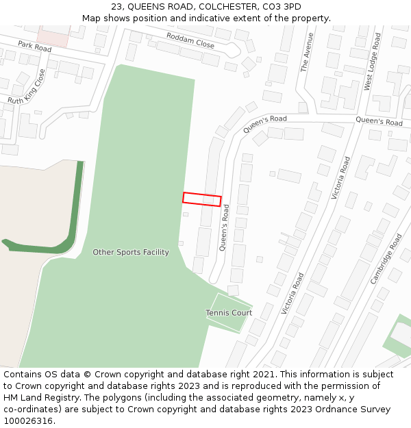 23, QUEENS ROAD, COLCHESTER, CO3 3PD: Location map and indicative extent of plot