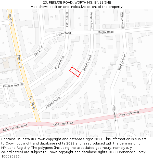 23, REIGATE ROAD, WORTHING, BN11 5NE: Location map and indicative extent of plot