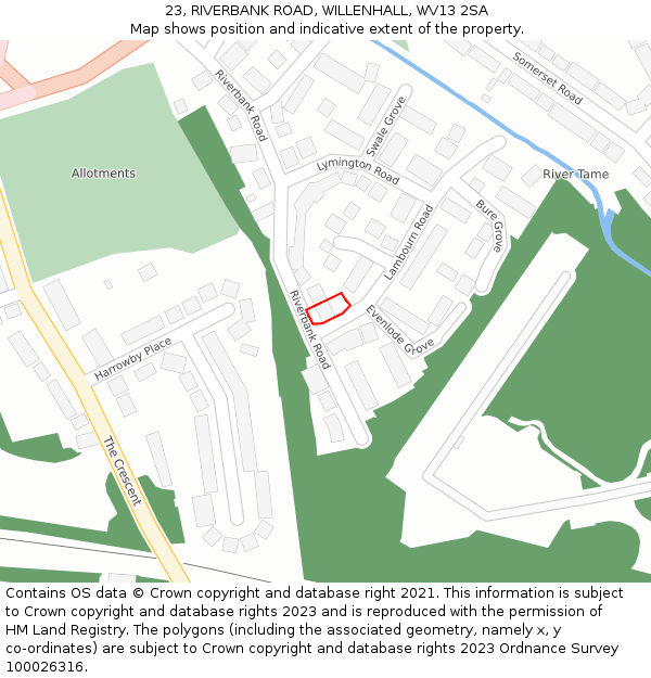 23, RIVERBANK ROAD, WILLENHALL, WV13 2SA: Location map and indicative extent of plot