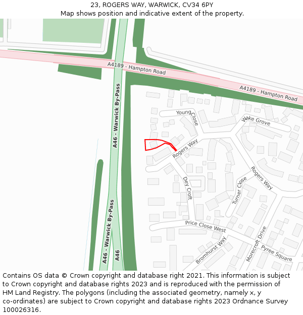 23, ROGERS WAY, WARWICK, CV34 6PY: Location map and indicative extent of plot