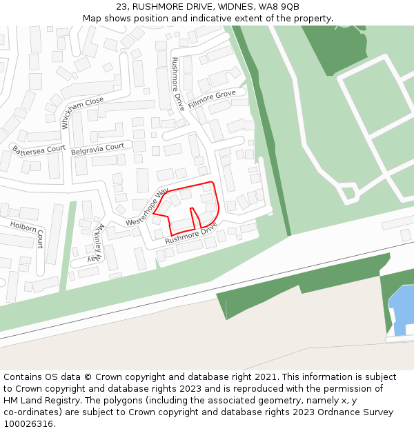 23, RUSHMORE DRIVE, WIDNES, WA8 9QB: Location map and indicative extent of plot