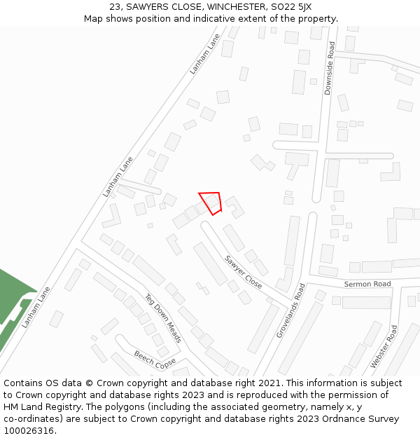 23, SAWYERS CLOSE, WINCHESTER, SO22 5JX: Location map and indicative extent of plot