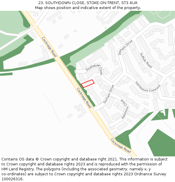 23, SOUTHDOWN CLOSE, STOKE-ON-TRENT, ST3 4UA: Location map and indicative extent of plot