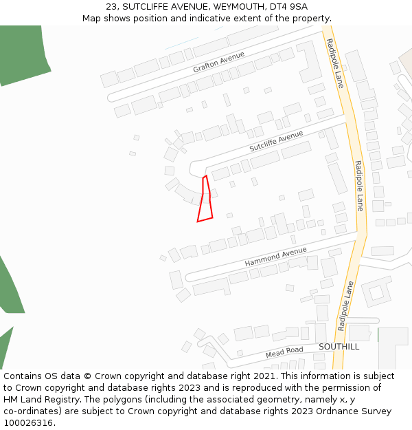23, SUTCLIFFE AVENUE, WEYMOUTH, DT4 9SA: Location map and indicative extent of plot