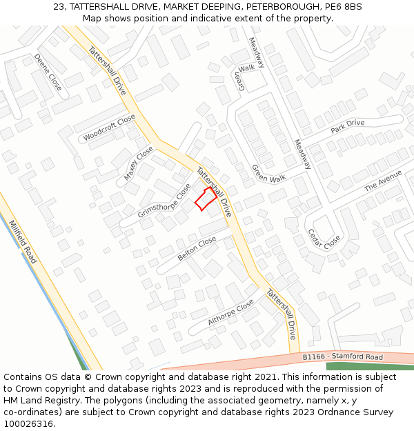 23, TATTERSHALL DRIVE, MARKET DEEPING, PETERBOROUGH, PE6 8BS: Location map and indicative extent of plot